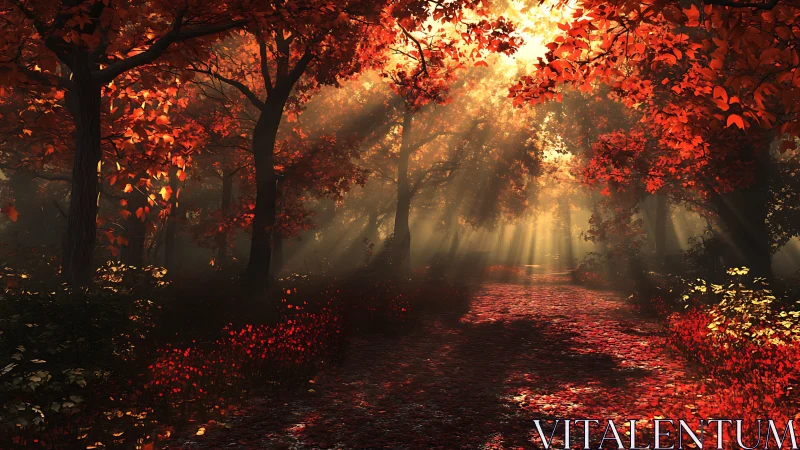 Sunlit woodland path with dense red autumn foliage.