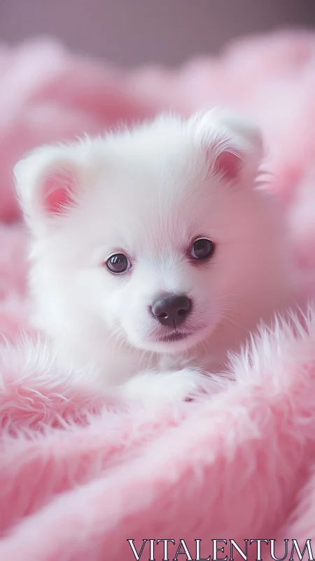 High-key portrait of white puppy on diffuse pink fleece field.