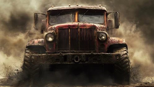 Front view of muddy vintage truck in dense dirt spray.