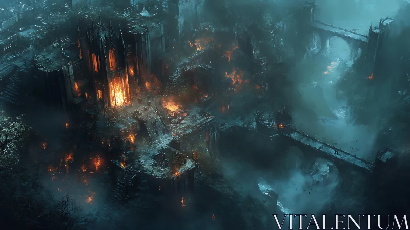 Burning gothic citadel dominates misted ravine battlefield