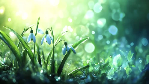 Gentle snowdrops glowing in dreamy morning garden light.