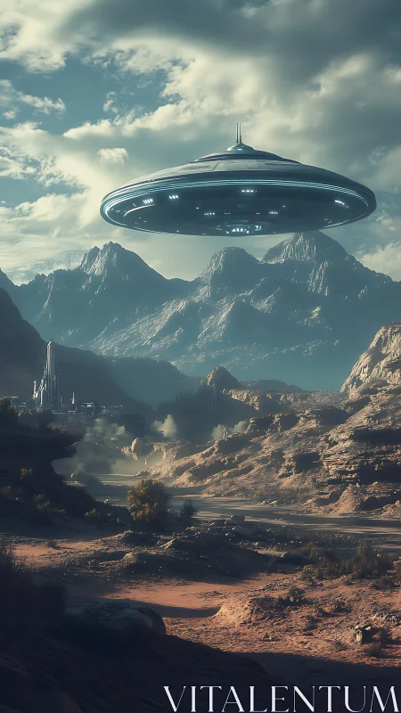 Hypersonic disc craft over arid extraterritorial canyonscape.