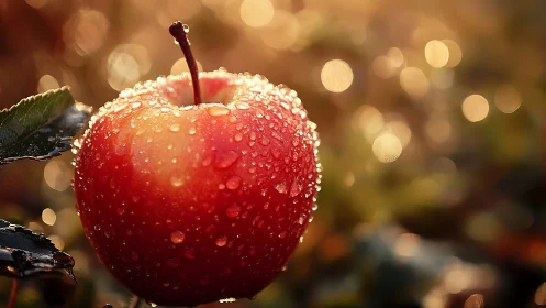 Red apple glistens with dew in warm golden sunrise orchard.