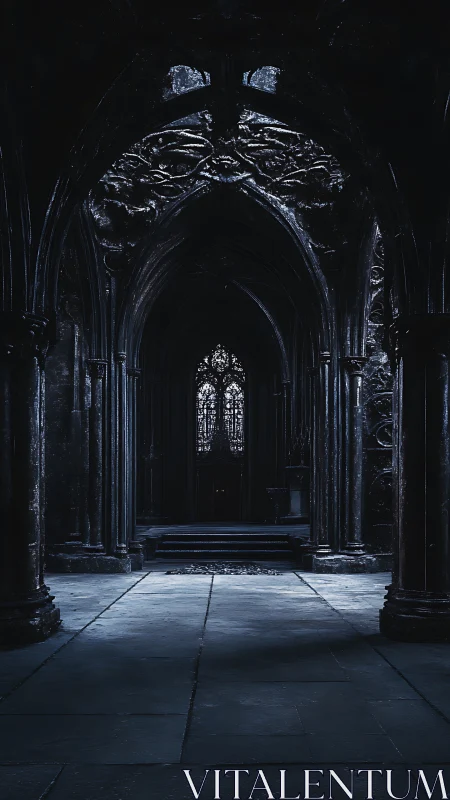 Gothic midnight nave where stained glass hoards the light.