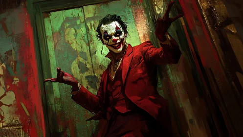 Clown in crimson suit amid chaotic green corridor scene.
