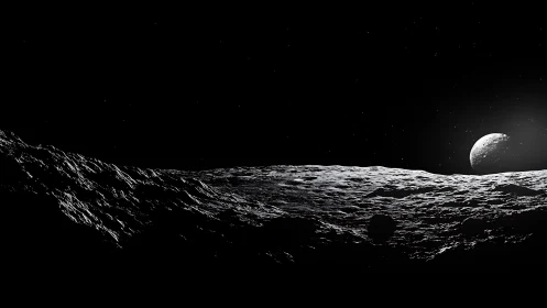 Silent moonrise over a lonely, frostbitten asteroid plain.