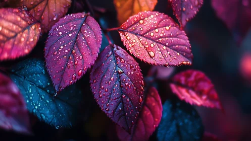 Colorful wet leaves in closeup macro composition.