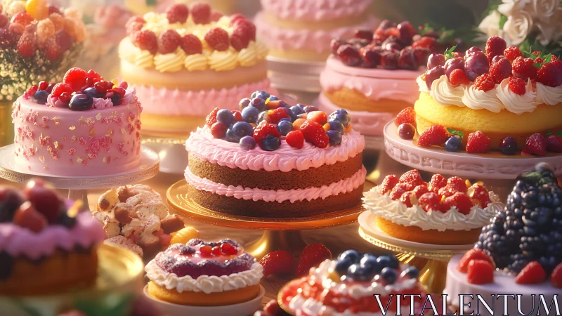 Assorted decorated cakes with berries on tiered displays.