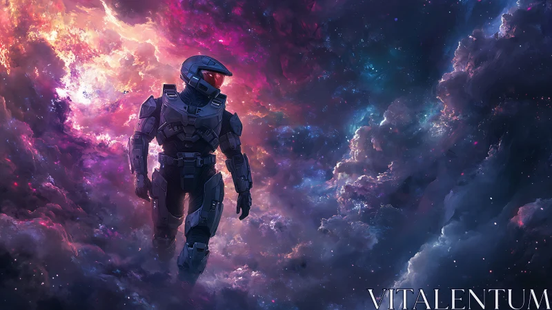 Armored astronaut traverses luminescent nebula with volumetric light