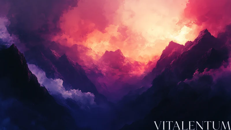 Radiant twilight mountains glowing in dreamy pink mist.