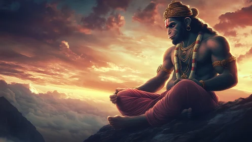 Skyline sage monkey-god smiling over molten clouds at dusk.