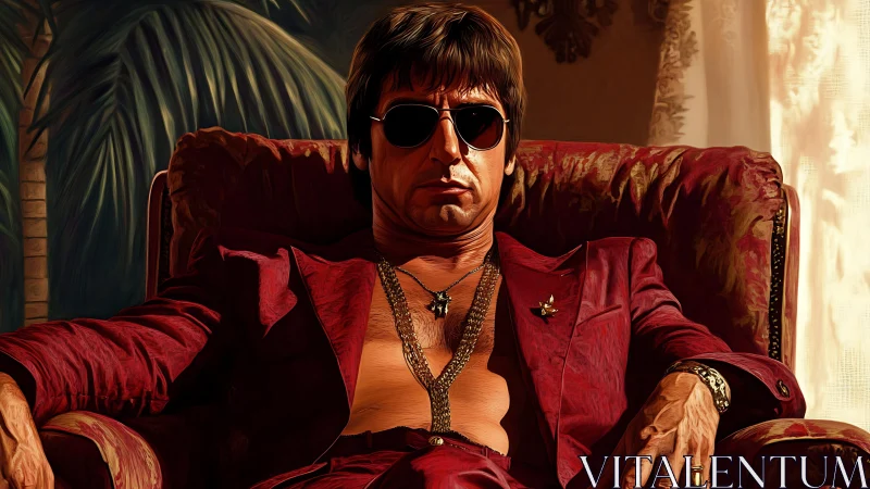 Velvet-throne outlaw lounging in sunlit crimson silence.