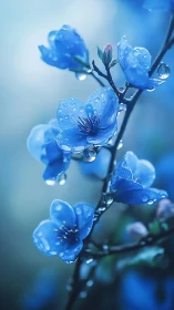 Blue flowers with water droplets on dark branch.