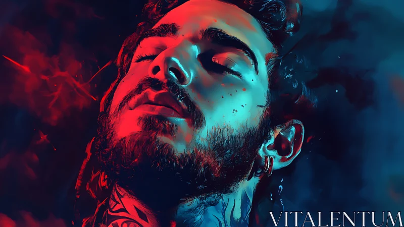 Electric calm bathes a tattooed dreamer in neon twilight haze