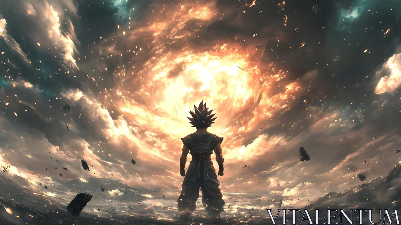 Cosmic warrior silhouetted before swirling stellar vortex.