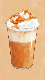Creamy caramel iced latte illustration on warm backdrop.