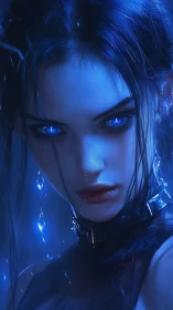 Blue lit female portrait with glowing eyes in close focus.