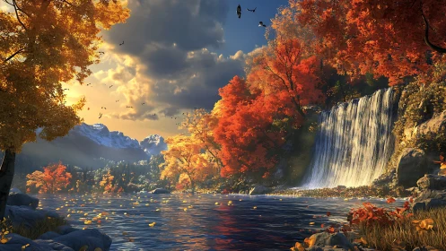 Digital painting of autumn cascade with atmospheric depth stabilization.