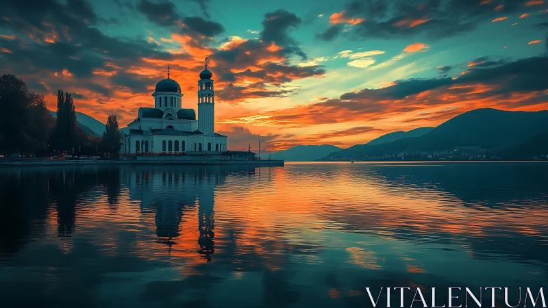 Lakeside Orthodox church at vivid cyan orange sunset reflection