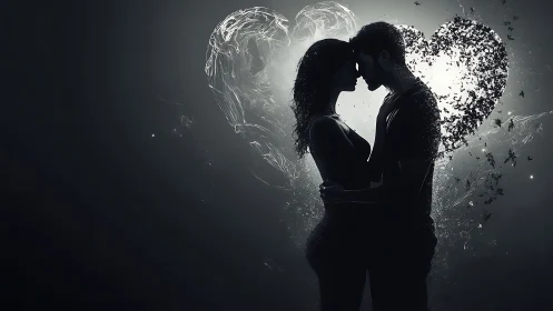Silhouetted Couple Embraced in Luminous Particle Dissolution Effect