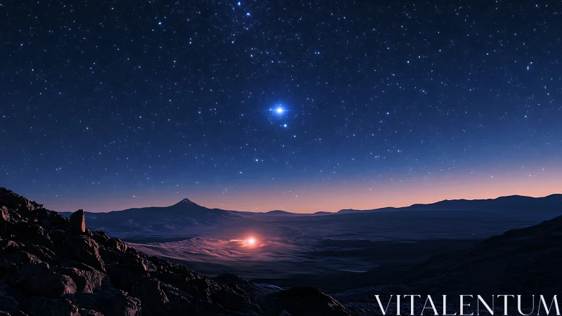 Star-filled sky over mountainous desert at twilight glow