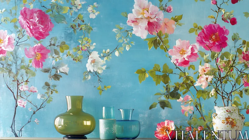 Floral Wall Mural with Botanical Arrangement and Glass Vessels.