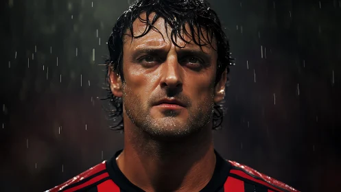Determined footballer stands focused under pouring stadium rain