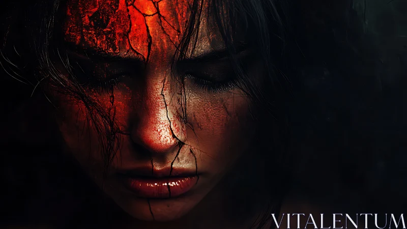 Cracked red texture over pensive woman&rsquo;s closed face.