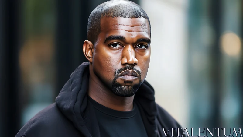 Man in dark hoodie looks directly at camera outdoors