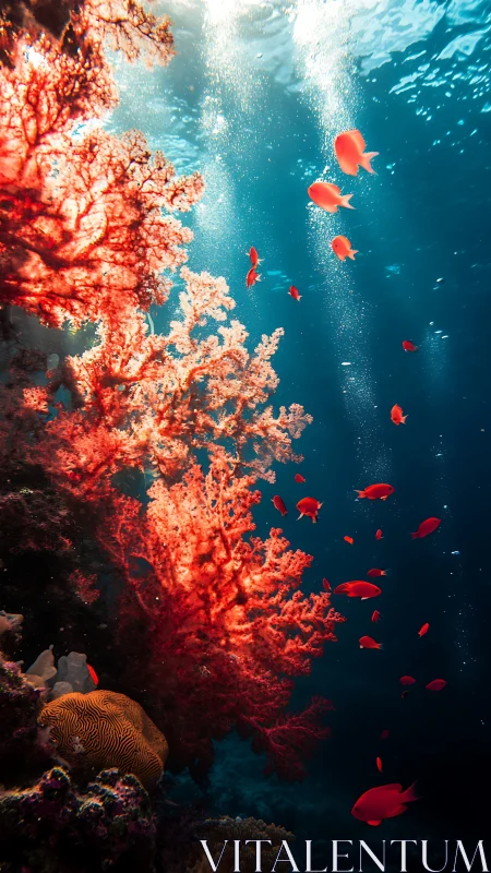 Sunlit coral wall with schooling anthias under caustic shafts