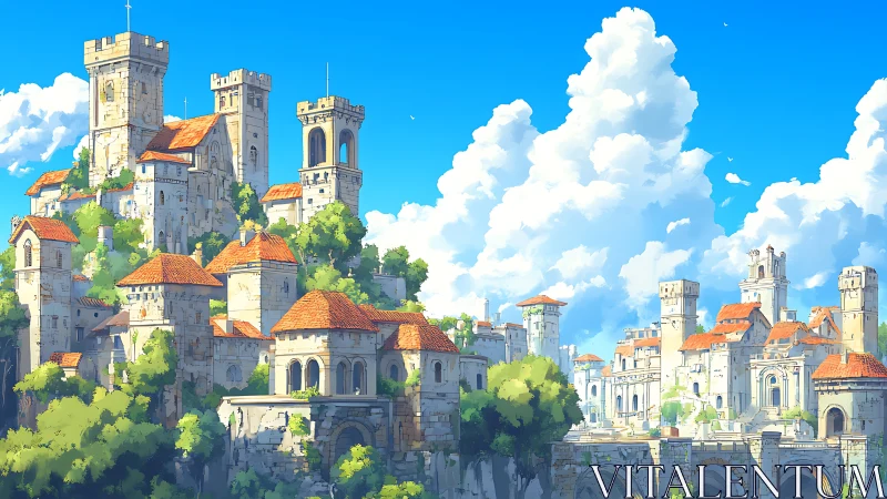 Sunny hilltop fantasy city with stone towers and arches.