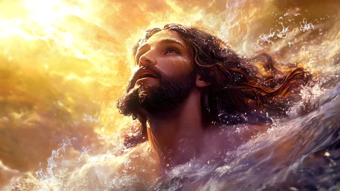 Radiant bearded figure emerging through luminous ocean waves.