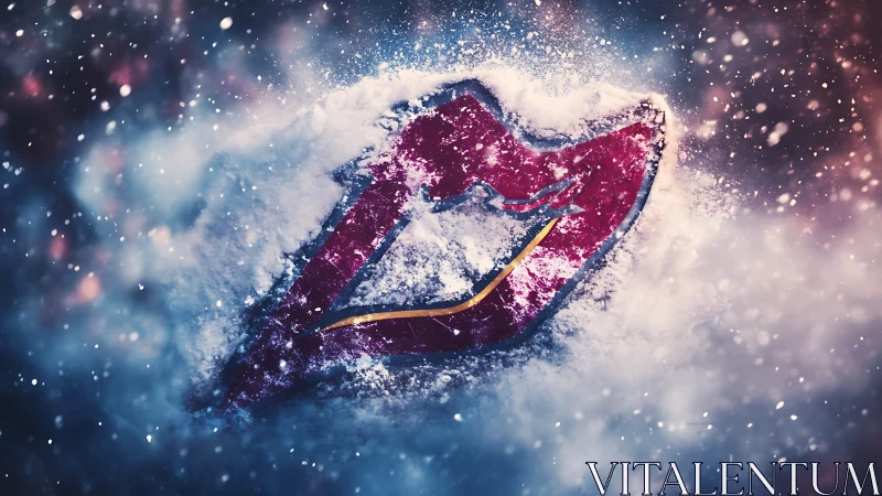 Snow covered stylized red mouth emblem in frosty blizzard