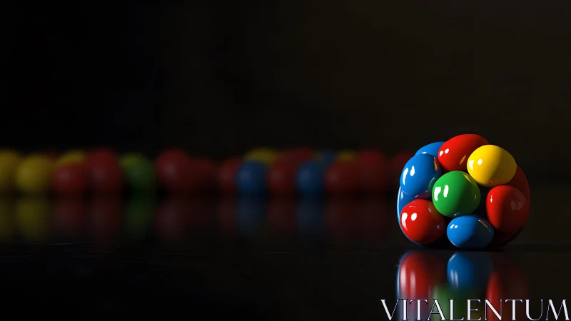 Color-saturated candy sphere on reflective black surface.
