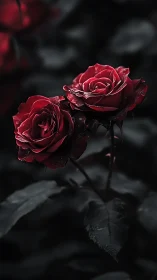 Crimson blooms pierce the darkness with velvet defiance.
