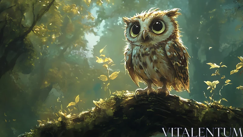 Whimsical baby owl on mossy branch in enchanting forest, digital art.