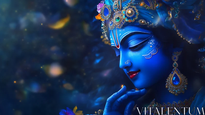 Celestial blue goddess in jeweled midnight reverie portrait.