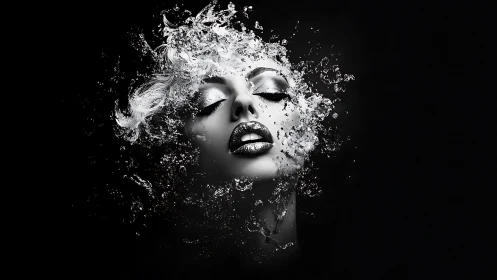 Dreamlike silver portrait dissolving into liquid light.