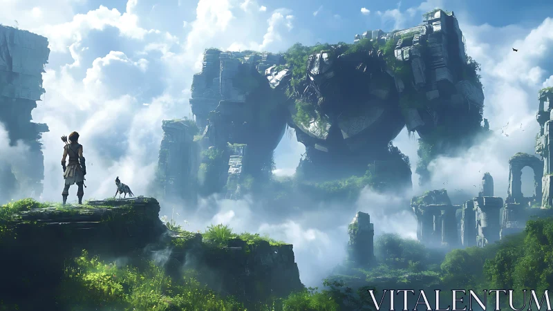 Skyward ruins awaken as a stone colossus greets a wanderer