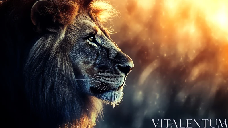 Golden light crowns a thoughtful lion in quiet profile.