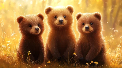 Three bear cubs in sunlit meadow with warm backlighting.
