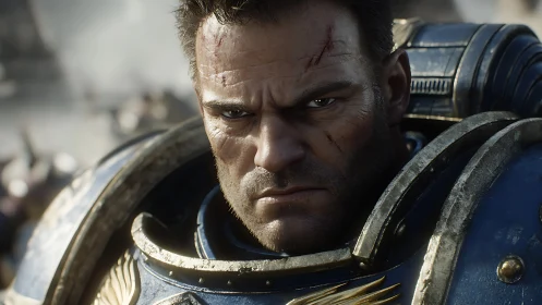 Battle-worn space warrior holds a steady, unshaken gaze