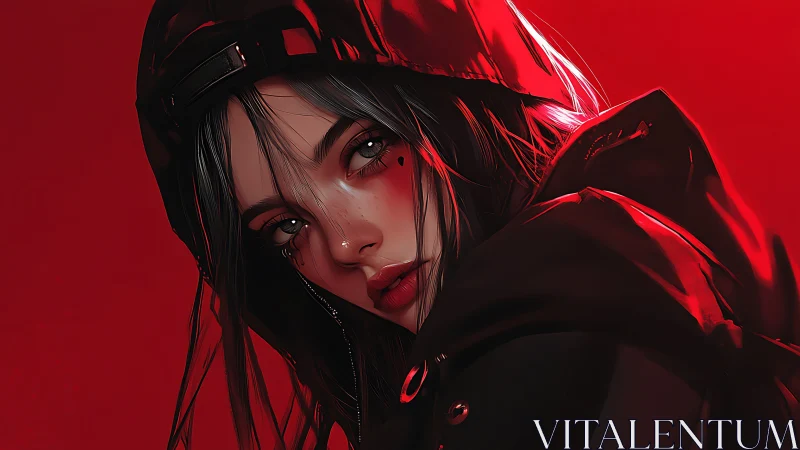 High contrast red-lit portrait of hooded girl in semi-realistic style