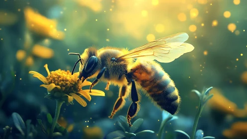 Close-up honeybee on yellow flower in glowing light.