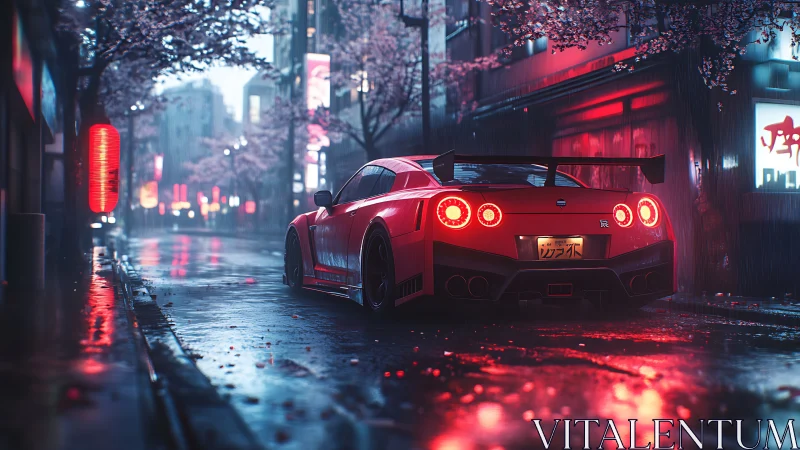 Neon-illuminated GT-R under rain-slicked urban sakura canopy.