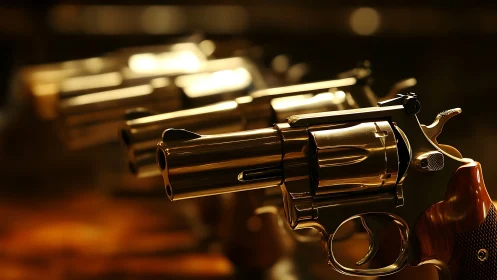 Gleaming revolvers aligned under warm cinematic light.