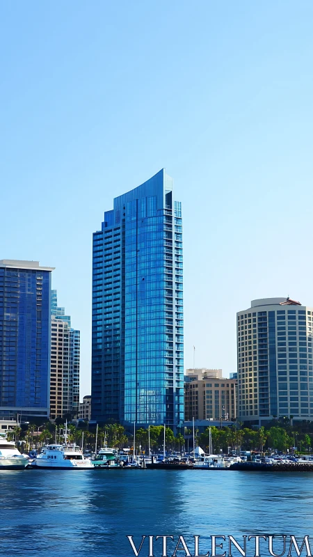 Glass-clad high-rise tower dominates waterfront marina skyline