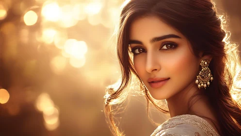 Portrait of woman in warm golden backlit sunlight.