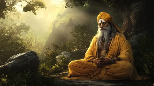 Elderly sage meditates in forest clearing with warm light.