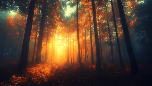 Golden Sunrise Breaks Through Ancient Forest Trees